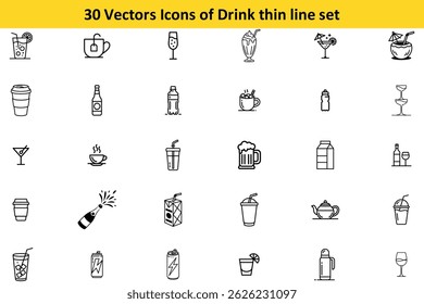 Drink Icons Collection Thin Line Vector Graphics with Editable Stroke