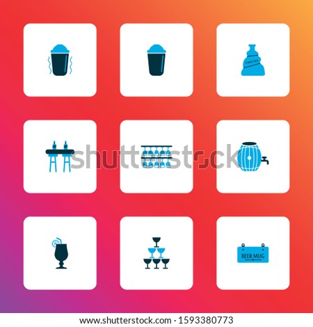 Drink icons colored set with bar counter, glasses, chacha and other signboard elements. Isolated vector illustration drink icons.