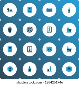 Drink icons colored set with bottle of beer, wine in the tab, tequila and other elite cognac elements. Isolated vector illustration drink icons.
