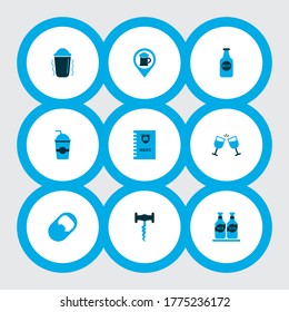 Drink icons colored set with corkscrew, beer bottle, goblet and other cheers elements. Isolated vector illustration drink icons.