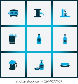 Drink icons colored set with draught, beer tower, beer bottle and other container elements. Isolated vector illustration drink icons.