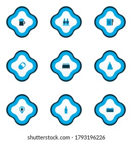 Drink icons colored set with geolocation of beer, chacha, signboard and other tequila elements. Isolated vector illustration drink icons.
