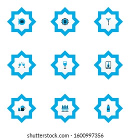 Drink icons colored set with goblet, ale sign, sausage and other cheers elements. Isolated vector illustration drink icons.