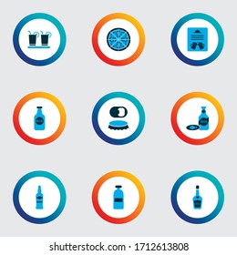 Drink icons colored set with margarita, beer bottle, menu and other design elements. Isolated vector illustration drink icons.