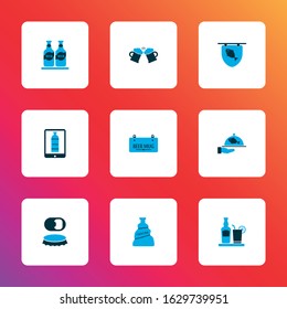 Drink icons colored set with wine in the tab, beer mug, poster and other rum with glass elements. Isolated vector illustration drink icons.