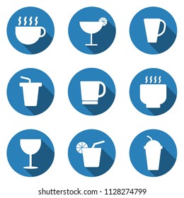 Drink icons in flat style.flat icons isolate.flat icons blue color.Set of nine. Vector EPS10 illustration. 