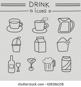 Drink icons hand drawn set. Vector illustration of coffee, tea, milk, cola, can, jar, coconut juice, beer, wine, cocktail
