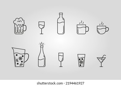 Drink icons illustration. Drawings of glasses, jugs, bottles and cups.