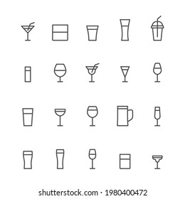 Drink icons line set. Glass outline group. Glassware linear collection. Сoffee, vodka, beer, champagne, wine, cognac, whiskey, martini and different cocktails beverages. Vector isolated on white