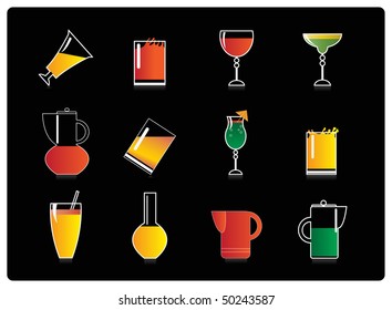 Drink icons on black background: fresh juice and cocktails.