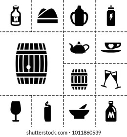 Drink icons. set of 13 editable filled drink icons such as milk can, barrel, bowl, cocktail, cleanser, milk, cup with heart, wine glass, chef hat, energetic drink, baby bottle