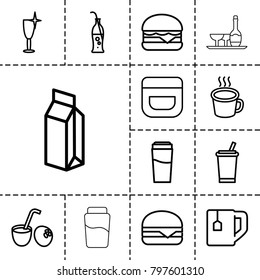 Drink icons. set of 13 editable outline drink icons such as cream, clean wine glass, tea cup, cheeseburger, milk, cup, soda bottle