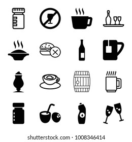 Drink icons. set of 16 editable filled and outline drink icons such as bottle, soup, glasses clink, tea, water bottle, milkshake, tea cup, no fast food, cup with heart, mug