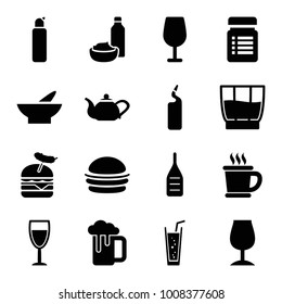 Drink icons. set of 16 editable filled drink icons such as bowl, cocktail, burger, burger with sausage, soda, wine glass, coffee, teapot, cleanser, bottle for fitness