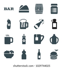 Drink icons. set of 16 editable filled drink icons such as bar, cleanser, bottle, water bottle, energy drink, tea cup, chef hat, food, beer, barrel, coffee, opened champagne