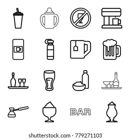 Drink icons. set of 16 editable outline drink icons such as vending machine, tea cup, milkshake, bottle for fitness, wine bottle and glass, turk, coffee machine, beer