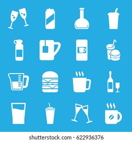 Drink icons set. set of 16 drink filled icons such as mug, vending machine, coffee, double burger, tea cup, bottle, wine glass, wine glass and bottle, decanted, beer can