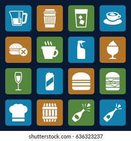 Drink icons set. set of 16 drink filled icons such as barrel, coffee, no fast food, cleanser, opened champagne, drink, milkshake, double burger, burger, cup with heart