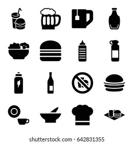 Drink icons set. set of 16 drink filled icons such as bowl, dish, burger, tea cup, soda and burger, bottle, chef hat, beer mug, food, no fast food, bottle for fitness