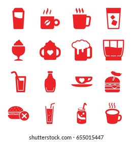 Drink icons set. set of 16 drink filled icons such as mug, baby bottle, drink, no fast food, beer mug, soda, milkshake, burger with sausage, cup with heart, bottle, cup