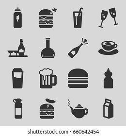 Drink icons set. set of 16 drink filled icons such as teapot, champagne and wine glasses, cleanser, opened champagne, double burger with flag, burger with sausage, burger