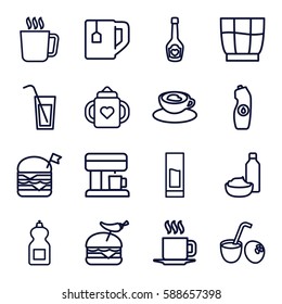 drink icons set. Set of 16 drink outline icons such as mug, baby bottle, cleanser, tea cup, water bottle, double burger with flag, burger with pepper, cup, coffee machine