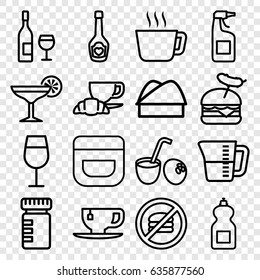 Drink icons set. set of 16 drink outline icons such as cream, cocktail, cleanser, tea cup, burger with sausage, coffee and croissant, champagne bottle with heart, chef hat