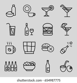 Drink icons set. set of 16 drink outline icons such as bottle, no fast food, cocktail, dish, coffee, double burger, cocktail, food, wine glass and bottle