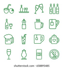 Drink icons set. set of 16 drink outline icons such as mug, vending machine, baby bottle, tea cup, milkshake, soda, no alcohol, wine glass, wine bottle and glass
