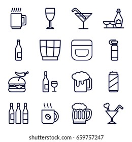 Drink icons set. set of 16 drink outline icons such as cream, cocktail, champagne and wine glasses, coffee, burger with pepper, cocktail, wine glass, drink, beer mug, mug