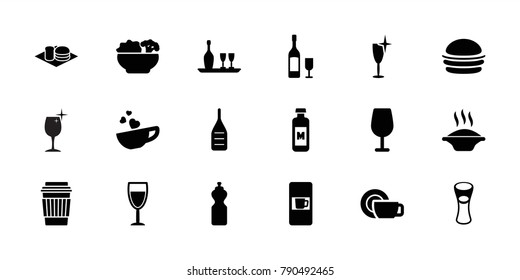 Drink icons. set of 18 editable filled drink icons: vending machine, cocktail, clean wine glass, soup, burger, drink, milk glass, soda and burger, fitness bottle