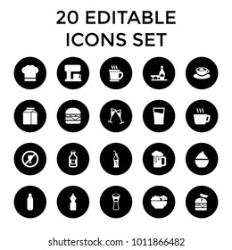 Drink icons. set of 20 editable filled drink icons such as bottle, champagne and wine glasses, tea, milk glass, milkshake. best quality drink elements in trendy style.