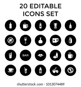 Drink icons. set of 20 editable filled drink icons such as mug, soda and burger, no fast food, milk, wine glass, bottle, bar. best quality drink elements in trendy style.