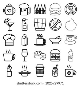 Drink icons. set of 25 editable outline drink icons such as bottle, baby bottle, bowl, no fast food, cocktail, cleanser, beer mug, soup, tea, soda, double burger