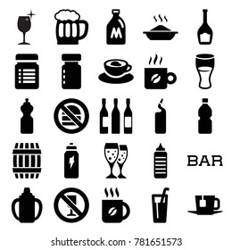 Drink icons. set of 25 editable filled drink icons such as milk can, barrel, coffee, bottle for fitness, fitness bottle, cup with heart, wine glass, tea, beer mug, bar