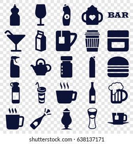 Drink icons set. set of 25 drink filled icons such as mug, baby bottle, cream, cocktail, bar, cleanser, opened champagne, drink, water bottle, milk glass, milkshake, burger