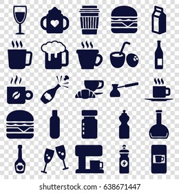 Drink icons set. set of 25 drink filled icons such as mug, vending machine, baby bottle, bottle, coffee, beer mug, cheeseburger, coffee and croissant, milk, cup, wine glass