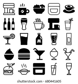 Drink icons set. set of 25 drink filled and outline icons such as milk can, cream, cocktail, drink, milkshake, burger, cup with heart, wine glass, cocktail, soda, coffee, food