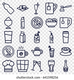 Drink icons set. set of 25 drink outline icons such as drink, cleanser, clean wine glass, soda, tea cup, milkshake, soda and burger, no alcohol, milk