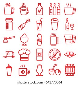 Drink icons set. set of 25 drink outline icons such as mug, vending machine, milk can, barrel, water bottle, milkshake, soda and burger, cup, wine glass, chef hat, tea, coffee