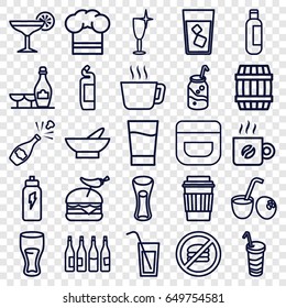 Drink icons set. set of 25 drink outline icons such as bottle, barrel, bowl, cream, champagne and wine glasses, cleanser, clean wine glass, soda, milk glass