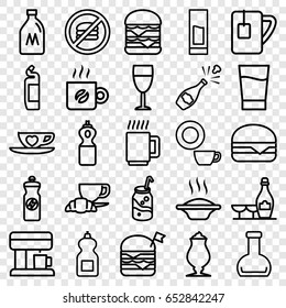 Drink icons set. set of 25 drink outline icons such as milk can, champagne and wine glasses, cleanser, dish, soda, milkshake, double burger with flag, double burger