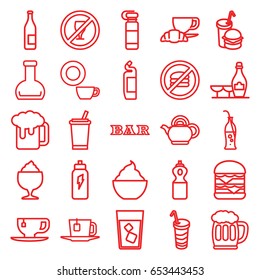 Drink icons set. set of 25 drink outline icons such as bar, champagne and wine glasses, cleanser, dish, tea cup, milkshake, double burger, coffee and croissant, bottle