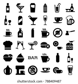 Drink icons. set of 36 editable filled drink icons such as milk can, bottle, drink, coffee, no fast food, cocktail, champagne and wine glasses, cleanser, dish, tea cup