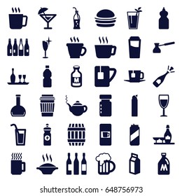 Drink icons set. set of 36 drink filled icons such as milk can, bottle, barrel, mug, vending machine, coffee, teapot, champagne and wine glasses, cleanser, clean wine glass