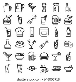 Drink icons set. set of 36 drink outline icons such as mug, milk can, bowl, no fast food, cream, cocktail, burger, soda, milk glass, burger with pepper, drink, cup with heart