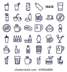 Drink icons set. set of 36 drink outline icons such as mug, bottle, baby bottle, coffee, no fast food, bar, champagne and wine glasses, clean wine glass, tea cup, milkshake