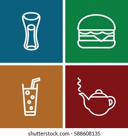 drink icons set. Set of 4 drink outline icons such as teapot, milk glass, cheeseburger