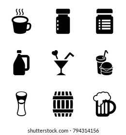 Drink icons. set of 9 editable filled drink icons such as barrel, milk glass, burger and drink, bottle for fitness, cocktail, cup, beer mug