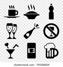Drink icons. set of 9 editable filled drink icons such as vending machine, opened champagne, soup, cocktail, cup, beer mug, fitness bottle, glasses clink